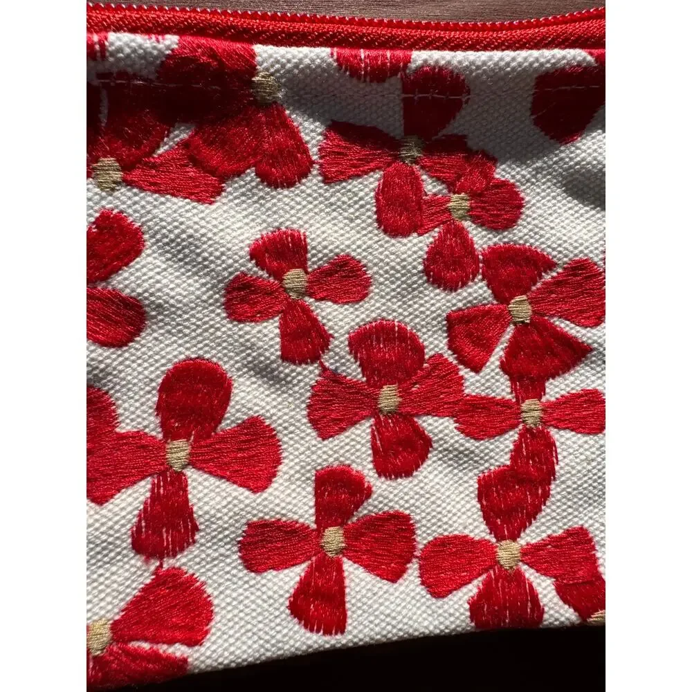 Embroidered Red Flower Canvas Coin Pouch 4 x 6 Bag Makeup Bag Coin Pouch Travel